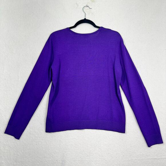 Caslon Royal Purple Crewneck Cardigan Sweater Petite Large Rib Knit Trim Rayon - Picture 2 of 6